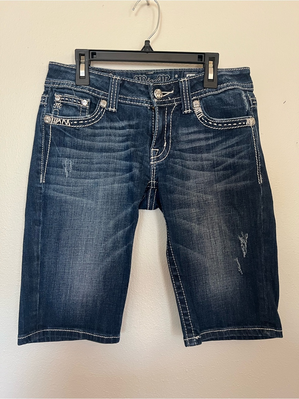 Miss Me Womens 27 Bermuda Shorts Low Rise Dark Wash Embellished Y2K
